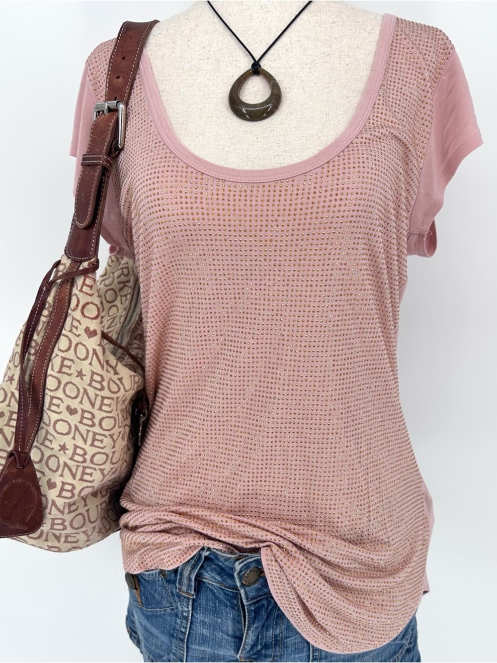 Blush Pink Rhinestone Studded Tee I Jeans By Buffalo Y2K Soft Girl Top